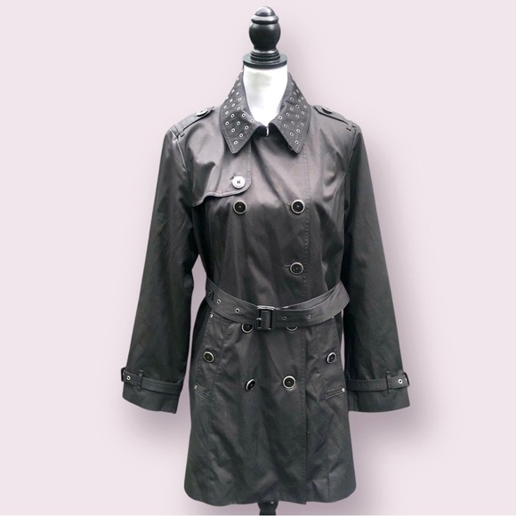 London Fog Short Trenchcoat Women’s Large Black Double Breasted Grommet Collar - Picture 1 of 13